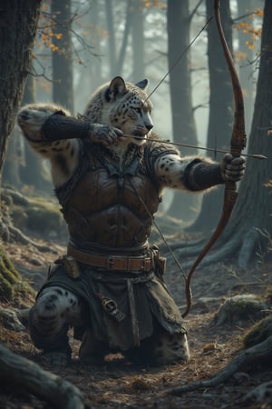 A male khajiit bipedal, humanoid cat with the look of a 
Snow leopard with thick, grayish-black rosettes on his fur, with solid spots on their head, neck,  a ranger by trade he wears dark brown leather body armor,  he kneels arrow knocked and bow string is pulled and taunt as he aims, in a majestic forest landscape 
Hyperdetailed, intricately detailed. Soft, volumetric lighting. Inspired by Greg Rutkowski, Artgerm, WLOP, Alphonse Mucha. Unreal Engine 5 quality. Trending on Artstation. Masterpiece. 8k resolution. Cinematic. Detailed textures. Rich colors. Atmospheric lighting.