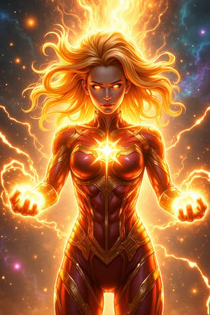 A female superhero, radiating intense golden energy, assumes a powerful battle stance amidst a swirling cosmic battle scene, her toned physique aglow with ethereal luminescence, as vibrant, starry light envelops her being. Her long, fiery hair stands upright, aglow with solar radiance, framing piercing golden amber eyes that blaze with inner intensity. Her skin tight suit  with A starburst emblem on her chest highlights intricate design, reflecting deep blues and purples reminiscent of a nebula. Her skin-tight suit shimmers with a kaleidoscopic glow, accentuating her chiseled physique. Fully extended arms unleash beams of energy from her fists, streaking across the cosmos towards the viewer, as waves of energy, heat, light, and radiation swirl around her. Inspired by the gritty realism of Christopher Nolan, the neon-lit futurism of Ash Thorp, the dynamic brushstrokes of Loish, and the immersive landscapes of Simon Stalenhag, this image combines cinematic dynamism, vibrant cosmic colors, and atmospheric sci-fi world-building, evoking an immersive, otherworldly atmosphere