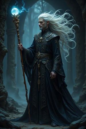  A slender, 30-year-old human wizard with golden, sun-kissed skin and sunken cheeks, his clean-shaven features chiseled yet fragile, with a slender neck and prominent cheekbones, clad in dark, velvety black robes with intricate, swirling patterns, shimmering silver runes that seem to shift and writhe like living serpents, stands upright, his hourglass pupils gleaming with an otherworldly intensity, amidst a wild tumble of long, silver-tipped white hair that appears to move of its own accord. Leaning heavily on the Staff of Magius, a sturdy, worn, 6-foot wooden quarterstaff polished to a warm, honey-gold sheen, topped with a gleaming golden dragon claw grasping a pale blue crystal orb that pulsates with an ethereal, soft blue glow, casting a mystical aura around him, as if the very fabric of reality is bending to accommodate his presence. The dimly lit atmosphere is shrouded in a soft, mystical haze, with eerie, diffused lighting that seems to emanate from the wizard himself, reminiscent of Zdzisław Beksiński's haunting surrealism, infused with M.C. Escher's intricate, impossible geometry and the dreamlike quality of Roger Dean's landscapes, with an atmosphere of foreboding mysticism, inviting the viewer to step into a realm of mystique and wonder, with subtle, whispery textures and intricate, symbolic patterns that seem to hold secrets and mysteries beyond mortal comprehension.