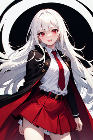 1_girl, female solo, White hair, albino, red_eye, short, long_hair  , just the uniform, happy,red skirt, black cape, white shirt, red tie, similing, Shy, red tie, black cape
