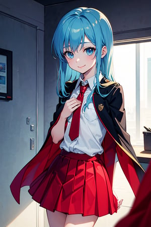 female_solo,  just the uniform, happy,red skirt, black cape, white shirt, red tie, similing,, make her smile,  hair Light Blue, light blue hair ,aasena, shy, nervous, flat_chest, small, minor, 12 years ago, no chest