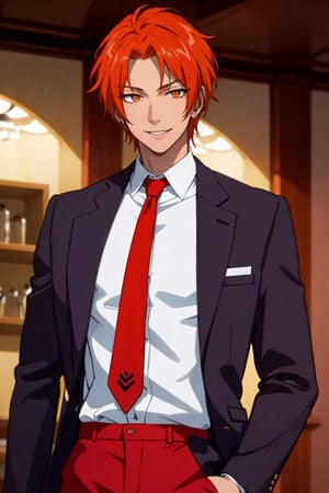 White shirt, red tie, red pants and black jacket, solo men, orange hair, muscule, oragne eyes, ,Lifang, dark skin, young, smiling