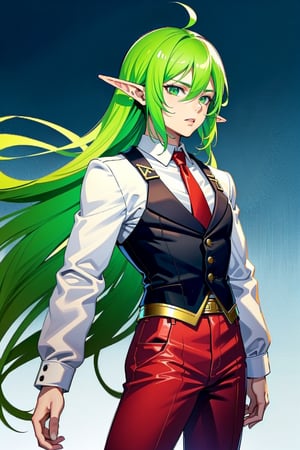 White shirt, red tie, red pants and black jacket, solo men,, green-eyes, green-eyes, elven_ears, elf_(species),  slim, Serious, long_hair, male, 1boy , green_hair, greenhair