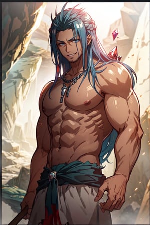 Blue hair, long hair, Blue eyes, big_muscle, Smiling, in a cave ,fantasy00d, with a pickaxe in hand, dark cave, with clothes,exs-slave alpha, no nipples,heads_hydra, crystal core behind