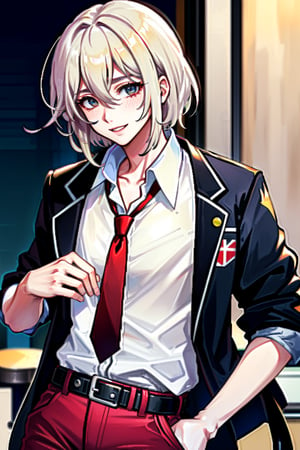 White shirt, red tie, red pants and black jacket, solo men,golden eyes,seishuu_inui, platinum blonde,honglu,  a proud smile ,  platinum blonde, golden hair, with a black cope, male, solo men, man