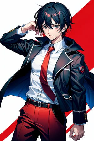 White shirt, red tie, red pants and black jacket, solo men, black-hair, black eyes,seishuu_inui,marth, using uniform