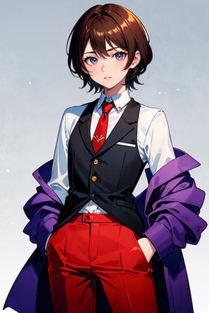 White shirt, red tie, red pants and black jacket, solo men, ocher brown hair, purple_eyes, tiny, tiny_boy, feminine traits