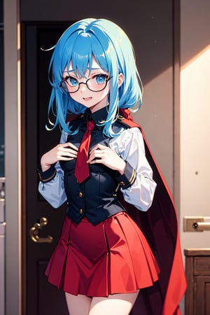 female_solo,  just the uniform, happy,red skirt, black cape, white shirt, red tie, ,,  hair Light Blue, light blue hair ,aasena, shy, nervous, flat_chest, small, minor, 12 years ago, no chest, sorprised, circle glasses, nervous, tiny