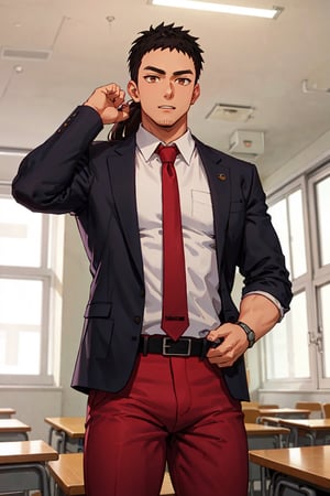White shirt, red tie, red pants and black jacket, solo men, brown-hair, brown_eyes, tall,  long_ponytail, big head, shy, muscle, a university classroom,Male focus, brown skin,Harumi Takeda