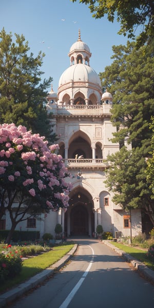 Masterpiece, top quality, high definition, high resolution
Countryside, trees , birds, flowers,road leading to gurudwara, evening time ,  