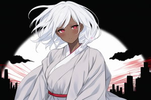 Yandere girl, anime, grey kimono, Dark skin, city background, white hair