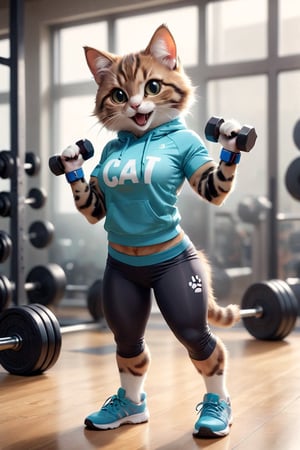 A cat dressed in sport cloth, in workout attire,cat body,cat paw, holding  lifting dumbbells in a gym setting.  a transparent/translucent medium, with a touch of street style and hip-hop flair. The scene captures the energetic vibe of a gym session.