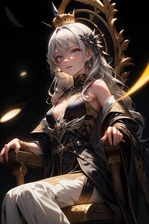 (((masterpiece))),best quality, illustration,(beautiful detailed girl), a girl ,solo,bare shoulders,flat_chst,diamond and glaring eyes,beautiful detailed cold face,very long blue and sliver hair,floaing black feathers,wavy hair,black and white sleeves,gold and sliver fringes,a (blackhole) behind the girl,a silver triple crown inlaid with obsidian,(sit) on the black ((throne)), (depth) of (field)