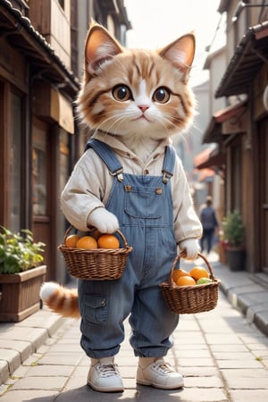 cat dressed in overalls with a basket,in the style of street styel, light white and light brown,transparent/translucent medium,mori kei,striped,street life scenes,hip-hop style --3:4,Sports,