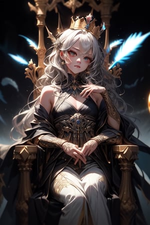 (((masterpiece))),best quality, illustration,(beautiful detailed girl), a girl ,solo,bare shoulders,flat_chst,diamond and glaring eyes,beautiful detailed cold face,very long blue and sliver hair,floaing black feathers,wavy hair,black and white sleeves,gold and sliver fringes,a (blackhole) behind the girl,a silver triple crown inlaid with obsidian,(sit) on the black ((throne)), (depth) of (field)