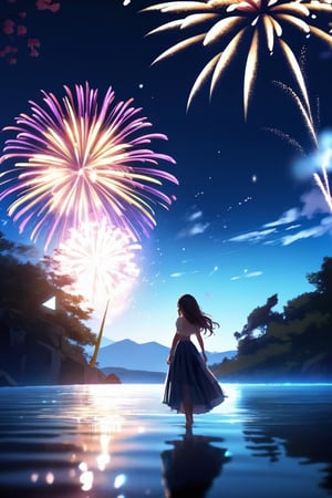 ((extremely detailed CG unity 8k wallpaper)),(masterpiece), (best quality), (ultra-detailed), (best illustration),(best shadow), (an extremely delicate and beautiful), ((((1girl)))), dynamic angle, floating, finely detail, (bloom), (shine), glinting stars, ((((best detailed fireworks)))), ((((depth of field)))), (((hanabi))), Beautiful detailed girl, (((backlight))), extremely delicate and beautiful girls, ((summer long skirt)), (((solo))), best detailed hair, ((beautiful detailed water)), night sky, (((small breast))), beautiful detailed sky, beautiful detailed eyes, (((arms behind back))), long hair, (((dynamic angle))), long skirt