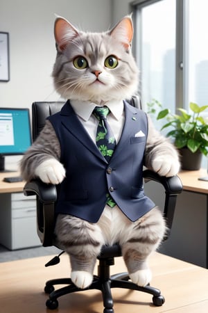A cat dressed in fashionable business attire. sits at a  office chair, the cat front paws operating a computer. The office environment is bright and tidy.,cat body,cat paw,。 .  a transparent/translucent medium, with a touch of IVY style . 