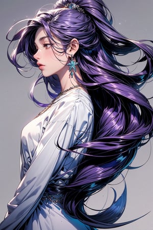 1girl, solo, long hair, simple background, jewelry, very long hair, full body, closed eyes, purple hair, earrings, grey background, profile, floating hair, watermark, own hands together, monster girl, mermaid