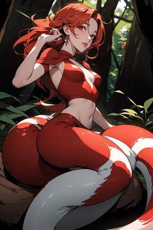 1girl, a lamia with a red scaled tail roaming around the forest, sexy 