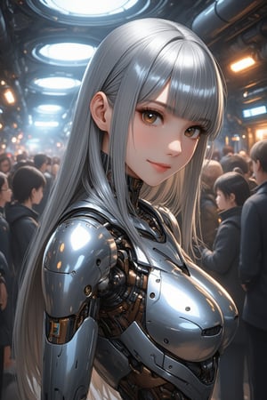 crowd of girls in sci-fi room.,elegant smile,looking at viewer,her mechanical body reflect surrounding with metallic luster,smooth hair,shoulder-length metallic silver hair with diagonal bangs,glossy dark-brown eyes,her mechanical internal structure is visible,\mechako\