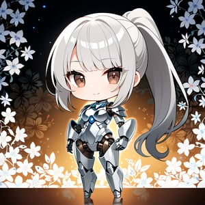 full body,chibi:1.2,A slender mature female having glossy silver metallic mechanical body with mechanical joints and internal structures visible,glossy silver metallic body reflects her surroundings,her hip joints is exposed mechanical internal structures,
mechanical shoulders,mechanical neck,mechanical breasts,mechanical legs,
glossy dark brown eyes aglow with inner light,long eyelashes,
BREAK,she is Silver hair cascading down her shoulders,ponytail hair with diagonal bangs,30 yo,seductive smile,looking at viewer,
depth of fields,fil light,floral wallpaper background blurred,