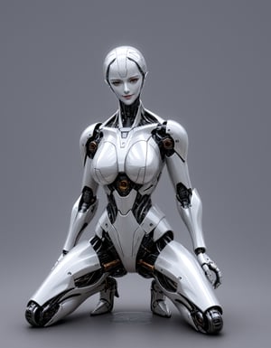 A 25yo female having metallic luster silver mechanical body with specular reflection of her surroundings,sitting in sci-fi room background.,hands between legs,she has short metallic silver hair with diagonal silver bangs.glossy dark brown eyes aglow with inner light slightly.,soft smile, her metallic luster silver body specular reflects her surroundings realistically and glisten by fil light.mechanical internal structures exposed ,mechanical joints,glowing elements of her body,saggy metallic luster big breasts, (white plain background) ,[[liquid metal]]