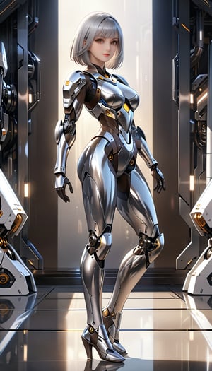 wide shot,full body,side shot,A curvy female posing of contrapposto.having glossy chrome-silver mechanical body with mechanical joints and mechanical internal structures exposed,chrome-silver body reflects her surroundings and glistening in soft light,smooth silver hair,medium_length hair with diagonal bangs,glossy dark brown eyes aglow with inner light,looking away,smile,30 yo, background blurred,niji5,mecha\(hubggirl)\