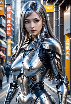A curvy female cyborg.standing contrapposto posing.her glossy silver metallic body and mechanized joints revealing intricate internal structures.soft lighting makes her mechanical big breasts shine.long silver hair with diagonal bangs frames her features.Glossy dark brown eyes aglow with an inner light radiate confidence. ,fine skin pretty face,beautiful face,Japanese actress,glad,:D,background blurred,