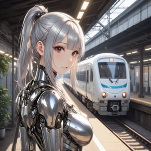  an android girl is waiting train at the platform in local station. A local train is approaching.sunny.
android:shoulder-length ponytail metallic silver hair with diagonal bangs,glossy brown eyes,mechanical joints,mirror-polished metallic silver body with reflection of surrounding objects,
Style: anime face,photorealistic body,highly detailed,clean lines,. 
Background: laboratory,
Accessory: travel bag,
Overall impression: stylish fusion of traditional Asian slender aesthetics.,
Trains:white train on blue stripes,2 headlights,
\mechako\,noc-detail