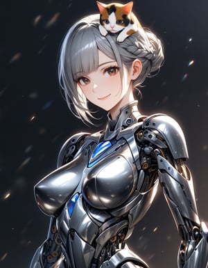 A mature female having glossy polished metallic silver mechanical body with specular reflection.a calico cat is on her head .her polished metallic silver body specular reflects her surroundings.metallic boobs sagging.her joints are mechanized and exposing internal structures.her body glisten by rim light. she has french braid short metallic silver hair with diagonal bangs.glossy dark brown eyes with inner light.,smile,fil light,black plain background blurred,niji5