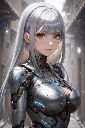 \mechako\,1girl.cyberpunk.Nice leave-it-to-me background.shoulder-length metallic silver hair.smooth hair,dark-brown eyes,soft smile,