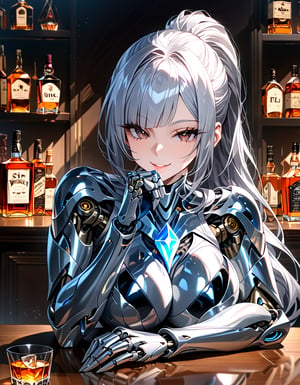 portrait of A curvy mature female android having glossy silver metallic mechanical specular body with mechanical joints and internal structures visible,She is resting her chin on her hand,her elbows on the desk.,glossy silver metallic body specular reflects her surroundings and glistening by front light,her hip joints is exposed mechanical internal structures,mechanical breasts sagging,
BREAK,(she is Silver hair),ponytail hair cascading down her shoulder and diagonal bangs,she has Elaborate glossy dark brown eyes aglow with inner light,long eyelashes,30 yo,seductive smile,looking at viewer,
fil light,depth of fields,whiskey glass on table,living room background blurred,niji6