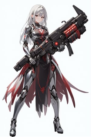 a metallic silver android, wielding an enormous gatling gun.,
Character:shoulder-length smooth metallic silver hair,dark brown eyes,mechanical joints,mirror-polished metallic silver body with reflection of surrounding realistically,
Outfit: black and red dress with goth-inspired details, thigh-high boots. 
Expression: determined, slightly cocky smile,
Pose: dynamic, holding massive weapon, body turned slightly,
Gatling gun: oversized, futuristic design. Black metal body with red accents and glowing parts. Multiple rotating barrels, complex mechanical details. Gun larger than the character herself,
Color scheme: primarily black and red with white accents,
Style: anime face,photorealistic body,highly detailed,clean lines, emphasis on mechanical designs. 
Background: plain white, focus entirely on character and weapon.
Additional details: red ribbon-like elements flowing from dress and gun, intricate patterns on clothing and weapon, slight metallic sheen on gun parts. 
Overall impression: powerful, stylish fusion of traditional Asian aesthetics with futuristic weaponry.,
\mechako\, plasma gun