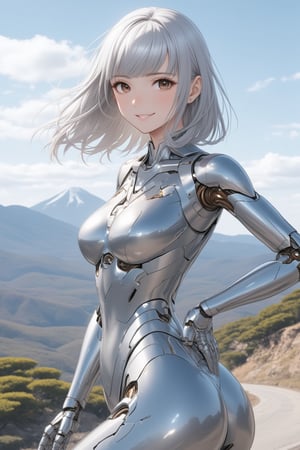 One girl is blowing in the wind. There is a mountain range in the distance.turn slightly.contrapposto with left hand on hip,legs apart,elegant smile,looking at viewer,her shiny body reflect surrounding,smooth hair,shoulder-length metallic silver hair with diagonal bangs,glossy dark-brown eyes,\mechako\