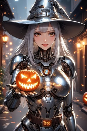 A witch holds a wooden big magic wand toward the viewer and opens her mouth to cast a spell. A glowing jack-o'-lantern floats at the tip of magic wand, display of the words "Trick or treat.". 

Woman:shoulder-length metallic silver hair with diagonal bangs,glossy brown eyes,mechanical joints,mirror-polished metallic silver body with reflection of surrounding,smile.
Style: anime face,photorealistic body,highly detailed,clean lines,. 
Background: Halloween decorated street,rainbow-colored light rays ,
Outfit: witch costume,witch hat. ,
noc-detail,\mechako\, source_anime, source_pony