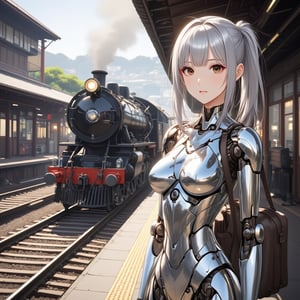  an android girl is waiting train at the platform in local station. A  steamlocomotive is approaching. local train.sunny.
android:shoulder-length ponytail metallic silver hair with diagonal bangs,glossy brown eyes,mechanical joints,mirror-polished metallic silver body with reflection of surrounding objects,
Style: anime face,photorealistic body,highly detailed,clean lines,. 
Background: laboratory,
Accessory: travel bag,
Overall impression: stylish fusion of traditional Asian slender aesthetics.,
Trains:black steamlocomotive,passenger cars,
\mechako\,noc-detail