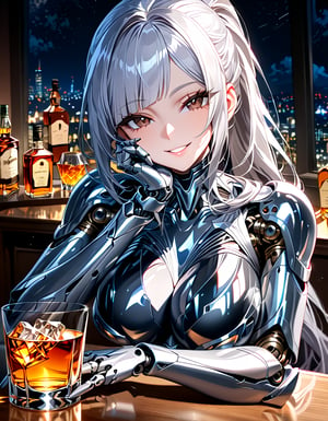 portrait of A curvy mature female android having glossy silver metallic mechanical specular body with mechanical joints and internal structures visible,She is resting her chin on her hand,her elbows on the desk.,glossy silver metallic body specular reflects her surroundings and glistening by soft light,her hip joints is exposed mechanical internal structures,mechanical breasts sagging,
BREAK,(she is Silver hair),ponytail hair cascading down her shoulder and diagonal bangs,she has Elaborate glossy dark brown eyes aglow with inner light,long eyelashes,30 yo,seductive smile,looking at viewer,
front light,fil light,depth of fields,whiskey glass on table,night,living room background blurred,niji6