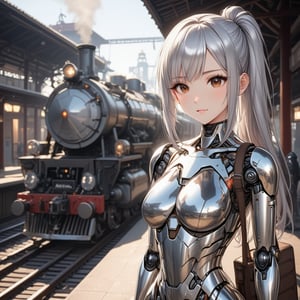  an android girl is waiting train at the platform in local station. A  steamlocomotive is approaching. local train.sunny.
android:shoulder-length ponytail metallic silver hair with diagonal bangs,glossy brown eyes,mechanical joints,mirror-polished metallic silver body with reflection of surrounding objects,
Style: anime face,photorealistic body,highly detailed,clean lines,. 
Background: laboratory,
Accessory: travel bag,
Overall impression: stylish fusion of traditional Asian slender aesthetics.,
\mechako\,noc-detail