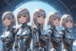 5girls line-up in aircraft hanger,contrapposto,they have glassy body and mechanical internal structure visible,headgear,smooth hair,shoulder-length silver hair and diagonal bangs,glossy dark brown eyes,blur background,\mechako\