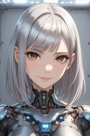 \mechako\,1girl.cyberpunk.Nice leave-it-to-me background.shoulder-length metallic silver hair.smooth hair,dark-brown eyes,soft smile,