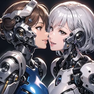 (extremely high resolution),super fine illustration, best quality,(in laboratory),from side,2 mature females,elegant posture posing,kissing,detailed oblong face,(shiny chrome silver cyborg,chrome silver body),(silver medium hair,glossy brown eyes,happiness),ROBORT,more detail,