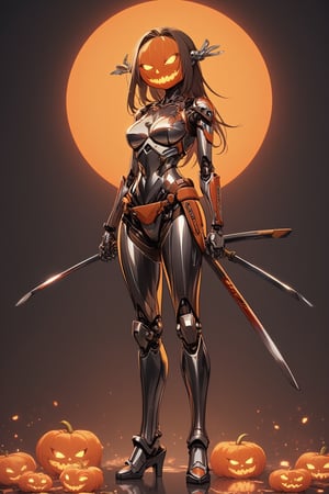 pin-up of A superheroine robot has mirror-polished body.folding arms.Halloween background.katana.samurai.she is 165cm tall.\mechako\,Her head is a jack-o'-lantern.