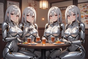 4 females mechanized having mirror-polished body drinks in the evening. They sit around a table. Japanese pub with Multiple dishes are posted on the wall.\mechako\,shoulder-length smooth metallic silver hair,dark brown eyes,smile,fun,