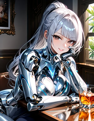 portrait of A curvy mature female android having glossy silver metallic mechanical specular body with mechanical joints and internal structures visible,She is resting her chin on her hand,her elbows on the desk.,glossy silver metallic body specular reflects her surroundings and glistening by front light,her hip joints is exposed mechanical internal structures,mechanical breasts sagging,
BREAK,(she is Silver hair),ponytail hair cascading down her shoulder and diagonal bangs,she has Elaborate glossy dark brown eyes aglow with inner light,long eyelashes,30 yo,seductive smile,looking at viewer,
fil light,depth of fields,whiskey glass on table,living room background blurred,niji6