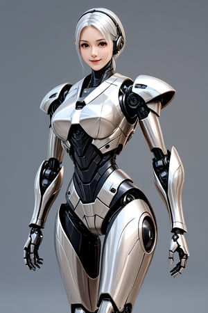 cowboy shot,A curvy female android,smile with closed mouth,polished metallic body,mechanical armor,(Her mechanical body is specular reflecting her surroundings realistically with metallic luster),glossy dark-brown eyes,silver hair,extremely mechanical joints,she exposes its mechanical internal structure,she is shining,legs crossed,a hand on hip,forehead,liquid metal,living room background,