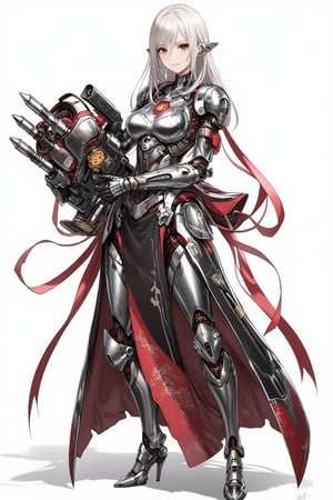 illustration of a fierce metallic silver android, wielding an enormous gatling gun, Character:anime face,photorealistic body, shoulder-length smooth metallic silver hair,dark brown eyes,mechanical joints,mirror-polished metallic silver body with reflection of surrounding realistically,Outfit: black and red dress with goth-inspired details, thigh-high boots. Expression: determined, slightly cocky smile,Pose: dynamic, holding massive weapon, body turned slightly,
Gatling gun: oversized, futuristic design. Black metal body with red accents and glowing parts. Multiple rotating barrels, complex mechanical details. Gun larger than the character herself,
Color scheme: primarily black and red with white accents,Style: highly detailed anime art, clean lines, emphasis on mechanical designs. Background: plain white, focus entirely on character and weapon.
Additional details: red ribbon-like elements flowing from dress and gun, intricate patterns on clothing and weapon, slight metallic sheen on gun parts. Overall impression: powerful, stylish fusion of traditional Asian aesthetics with futuristic weaponry.,\mechako\, plasma gun