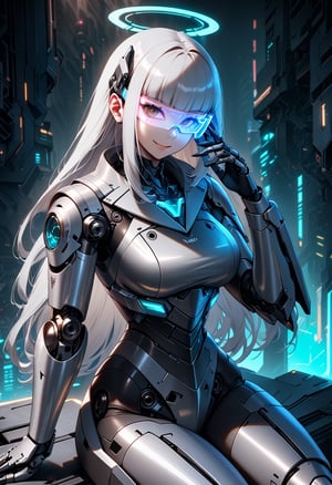 full body,curvy 1female cyborg having luster metallic silver mechanical body and glowing mechanical joints and internal structure exposed,sitting,mechanical armor,headgear,helmet,sci-fi halo,long smooth silver hair and see-through blunt bangs and glossy dark_brown eyes,smile,30 yo,sharpness,niji5, ,cyberpunk glasses