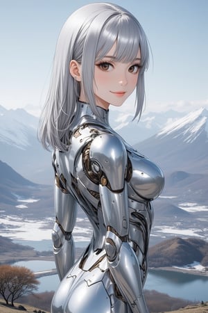 One girl is wariza. There is a mountain range in the distance.turn slightly.,elegant smile,looking at viewer,her silver body reflect surrounding with metallic luster,smooth hair,shoulder-length metallic silver hair with diagonal bangs,glossy dark-brown eyes,\mechako\