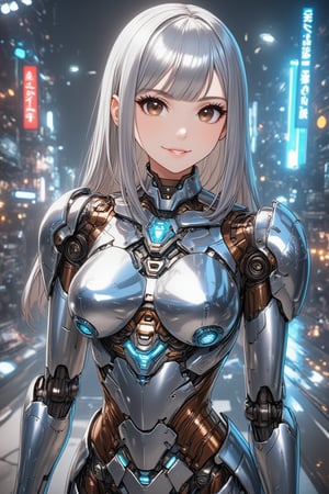 \mechako\,1girl.cyberpunk.Nice leave-it-to-me background.shoulder-length metallic silver hair.smooth hair,dark-brown eyes,soft smile,