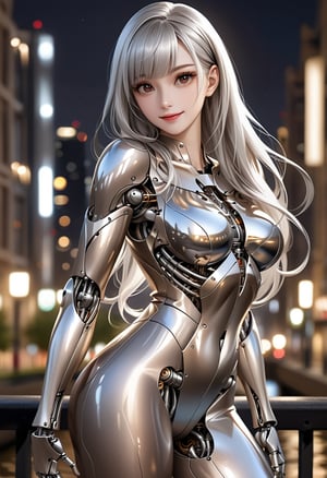 cowboy shot,side shot of A curvy female having glossy chrome-silver metallic mechanical body with mechanical joints and internal structures visible,chrome-silver metallic body reflects her surroundings and glistening in front light,her body is exposed mechanical internal structures,contrapposto,hip joints,
long Silver hair cascading down her shoulders with diagonal bangs frames her features,smile,30 yo, looking at viewer,glossy dark brown eyes aglow with inner light,long eyelashes, 
depth of fields,Fill Light ,night Dutch cityscape background blurred,niji5,